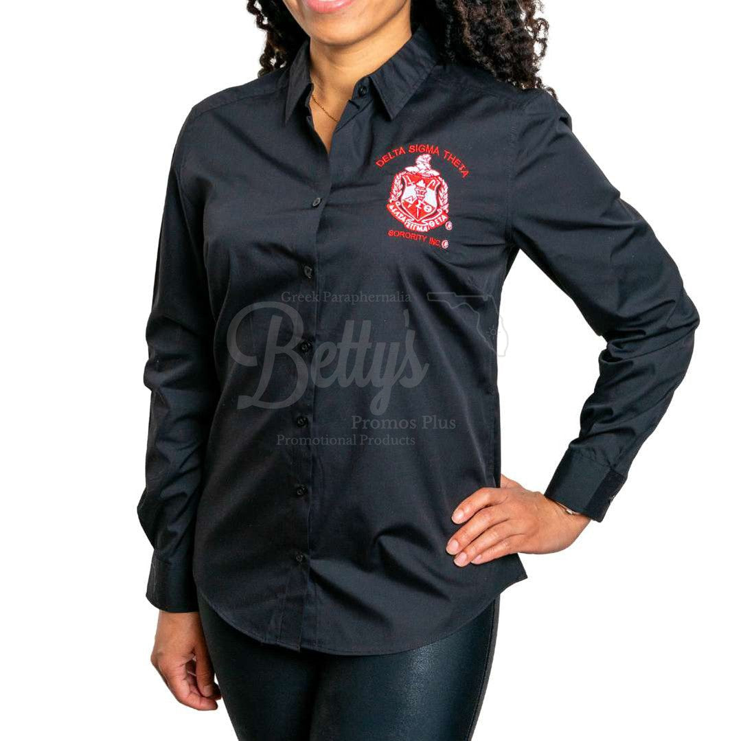 Delta Sigma Theta ΔΣΘ Long Sleeve Button-Up Poplin Shirt with Embroidered Shield-Betty's Promos Plus Greek Paraphernalia