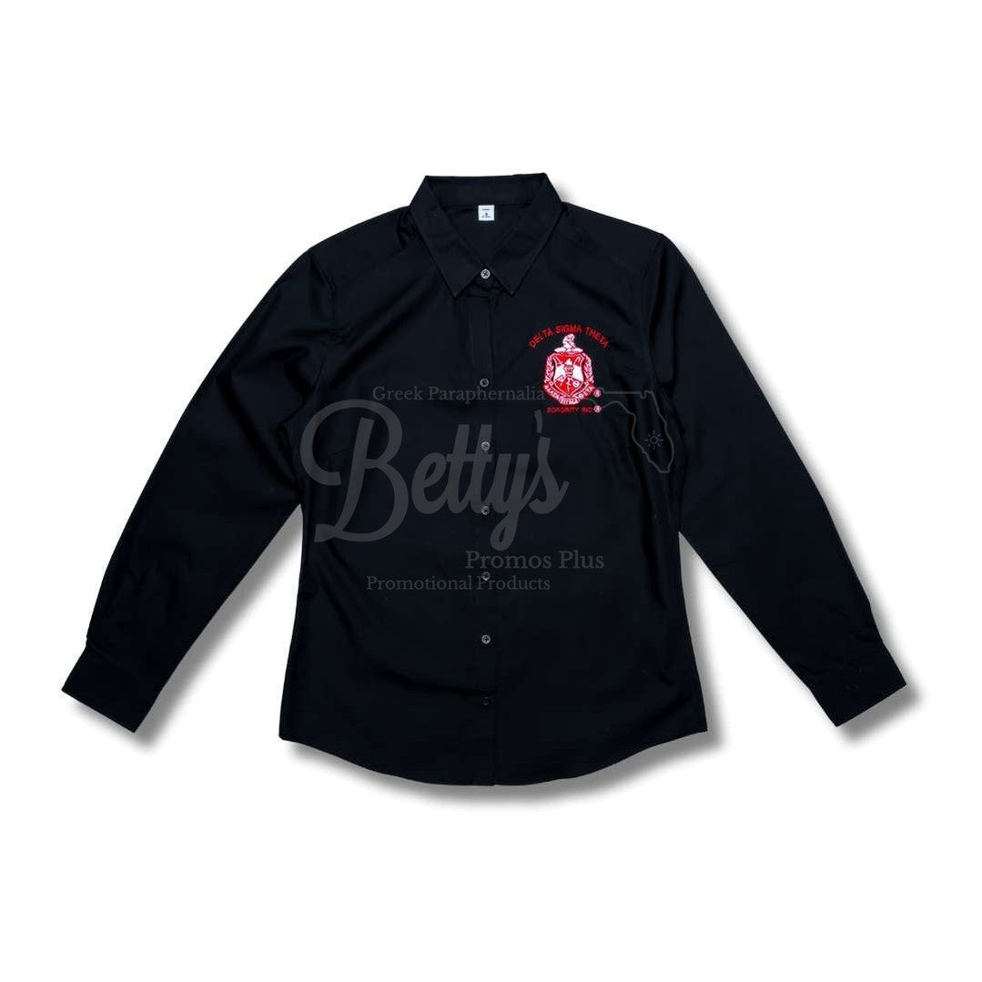 Delta Sigma Theta ΔΣΘ Long Sleeve Button-Up Poplin Shirt with Embroidered ShieldBlack-X-Small-Betty's Promos Plus Greek Paraphernalia