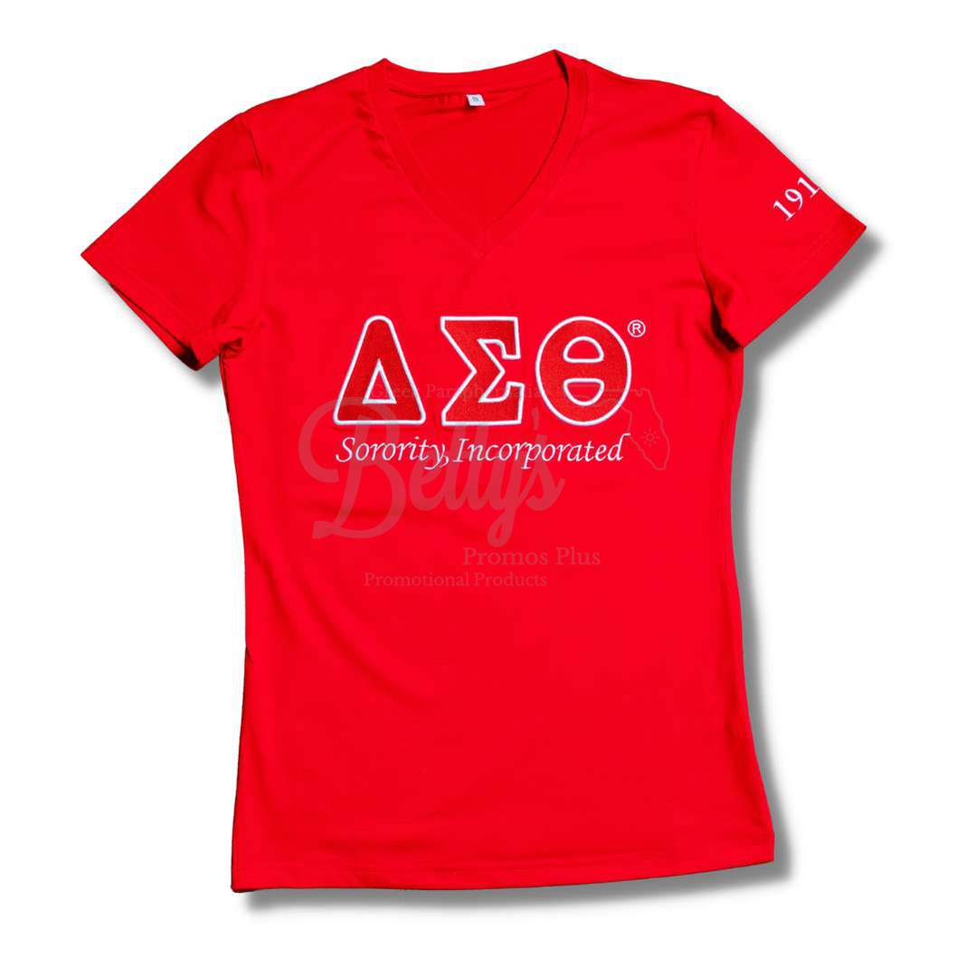 Delta Sigma Theta ΔΣΘ Luxury Embroidered T-Shirt with 1913 SleeveRed-Small-Betty's Promos Plus Greek Paraphernalia