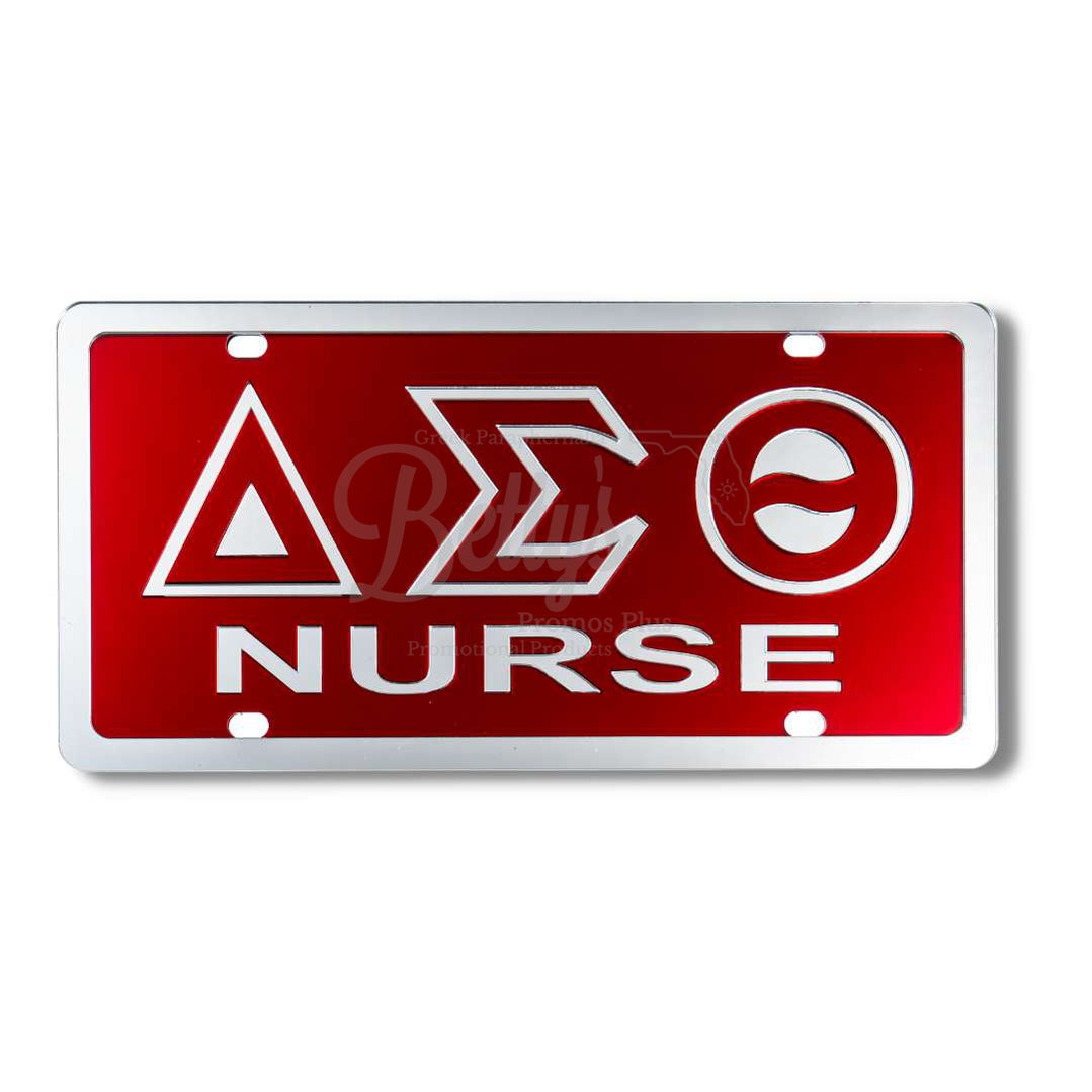 Delta Sigma Theta ΔΣΘ Nurse Acrylic Mirror Laser Engraved Auto Tag License PlateRed Background-Silver Trim-Betty's Promos Plus Greek Paraphernalia