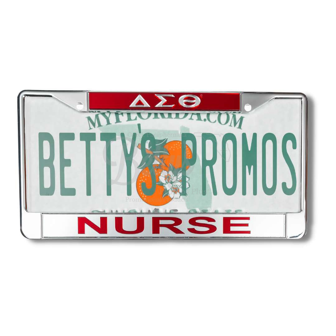 Delta Sigma Theta ΔΣΘ Nurse Chrome Laser Engraved Mirrored Acrylic Auto Tag License Plate FrameRed Top-Silver Bottom-Betty's Promos Plus Greek Paraphernalia