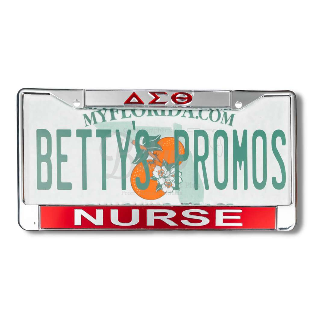 Delta Sigma Theta ΔΣΘ Nurse Chrome Laser Engraved Mirrored Acrylic Auto Tag License Plate FrameSilver Top-Red Bottom-Betty's Promos Plus Greek Paraphernalia