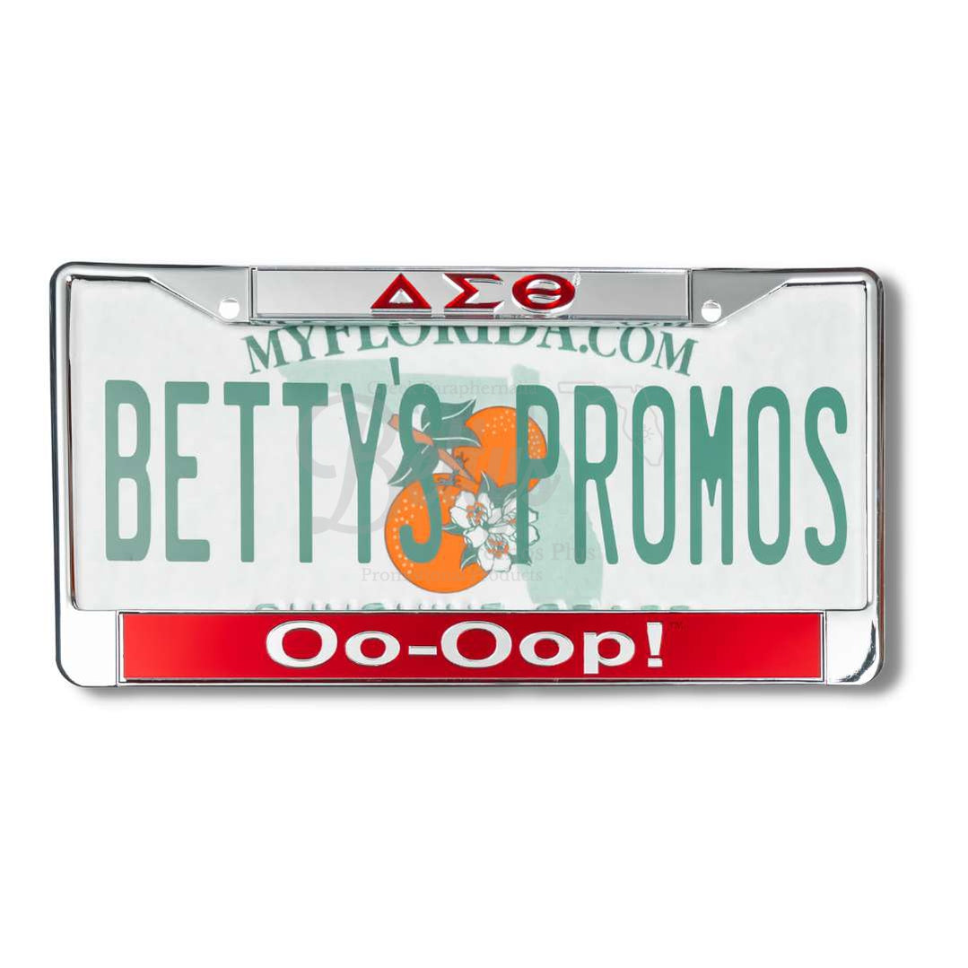 Delta Sigma Theta ΔΣΘ Oo-Oop! Metal Acrylic Mirror Laser Engraved Auto Tag License Plate FrameSilver Top-Red Bottom-Betty's Promos Plus Greek Paraphernalia
