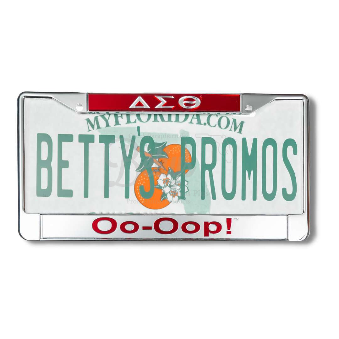 Delta Sigma Theta ΔΣΘ Oo-Oop! Metal Acrylic Mirror Laser Engraved Auto Tag License Plate FrameRed Top-Silver Bottom-Betty's Promos Plus Greek Paraphernalia