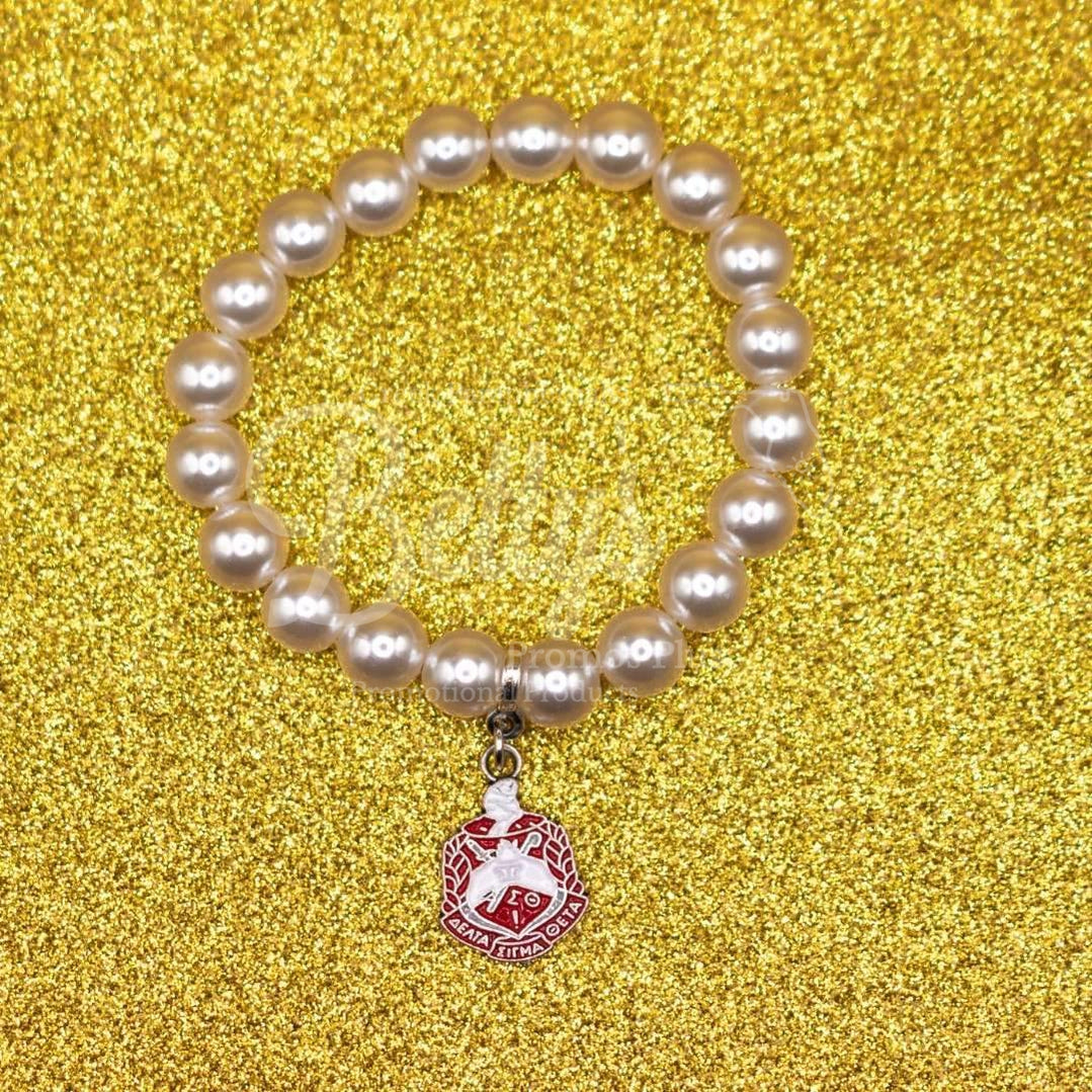 Delta Sigma Theta ΔΣΘ Pearl Bracelet with Shield CharmWhite-Betty's Promos Plus Greek Paraphernalia