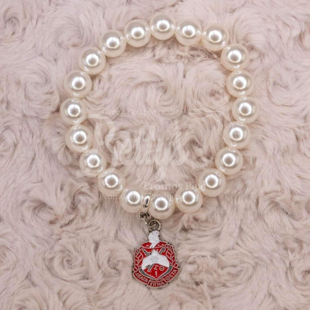 Delta Sigma Theta ΔΣΘ Pearl Bracelet with Shield CharmWhite-Betty's Promos Plus Greek Paraphernalia