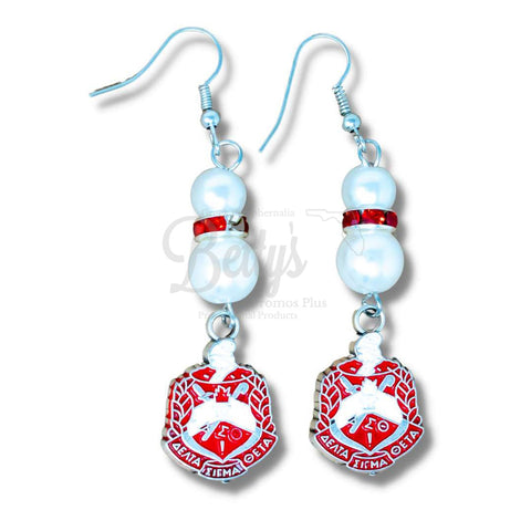 Delta Sigma Theta ΔΣΘ Pearl Earrings with Shield CharmWhite-Betty's Promos Plus Greek Paraphernalia