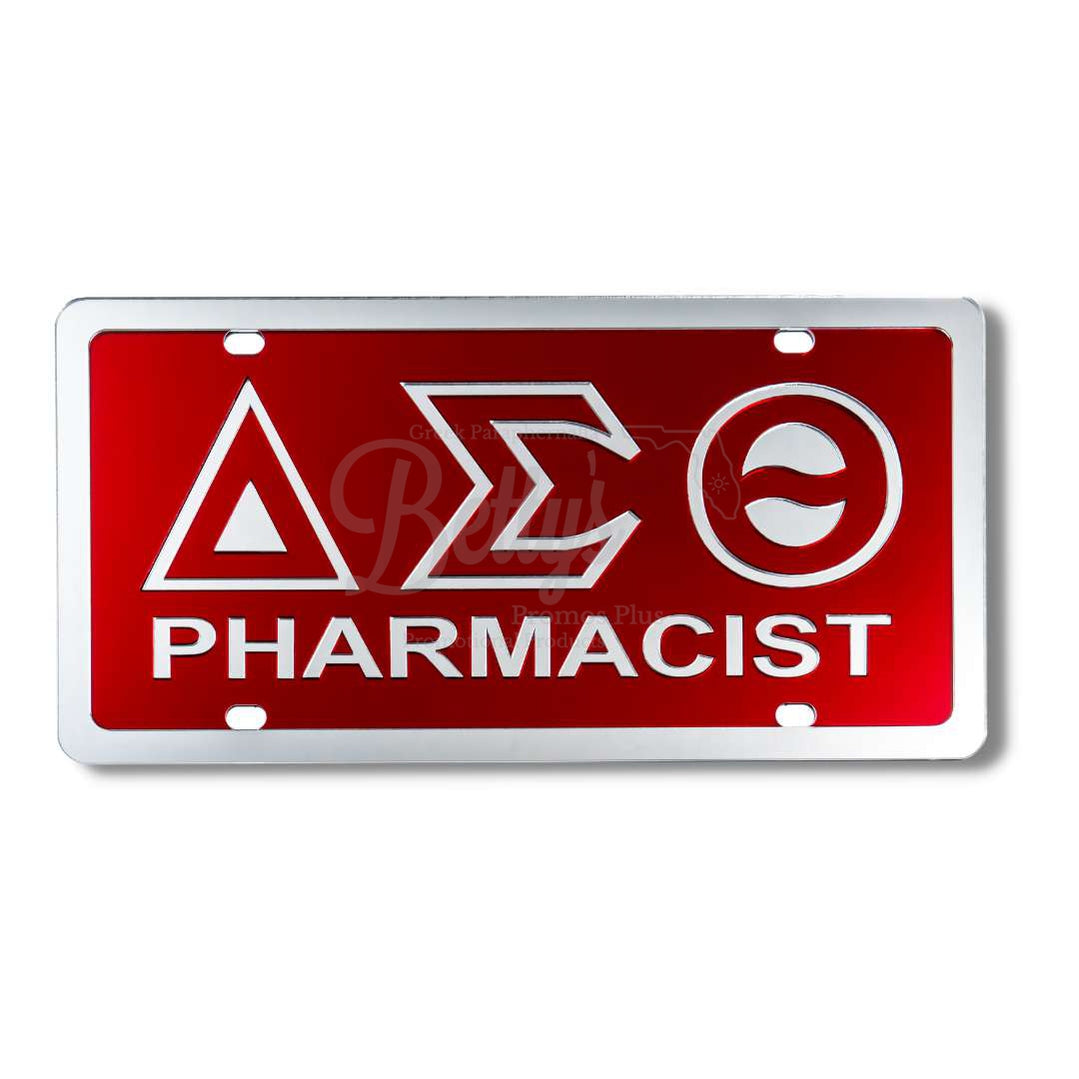 Delta Sigma Theta ΔΣΘ Pharmacist Acrylic Mirror Laser Engraved Auto Tag License PlateRed Background-Silver Trim-Betty's Promos Plus Greek Paraphernalia