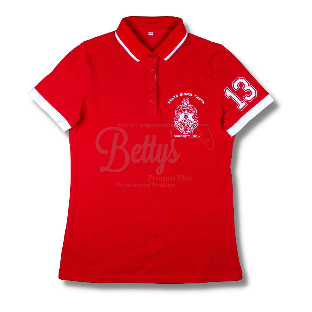 Delta Sigma Theta ΔΣΘ Polo Shirt Embroidered with Shield and 13 SleeveRed-X-Small-Betty's Promos Plus Greek Paraphernalia