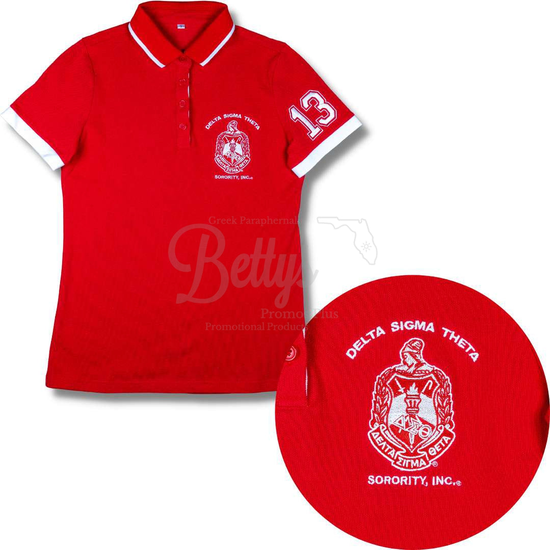 Delta Sigma Theta ΔΣΘ Polo Shirt Embroidered with Shield and 13 Sleeve-Betty's Promos Plus Greek Paraphernalia