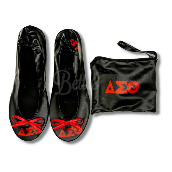 Delta Sigma Theta ΔΣΘ Printed Ballet Flats, Shoes, Ballet Slipper Flats, Foldable Flats with Carrying CaseBlack-X-Small US 5.5-Betty's Promos Plus Greek Paraphernalia