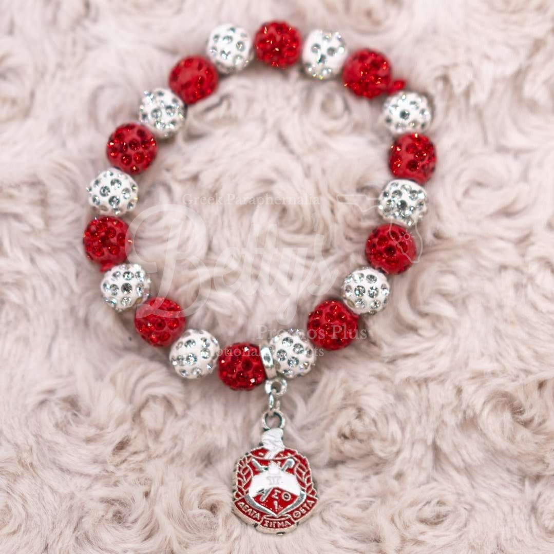 Delta Sigma Theta ΔΣΘ Red and White Beaded Bracelet with ΔΣΘ Shield Charm, Delta BraceletRed-Betty's Promos Plus Greek Paraphernalia