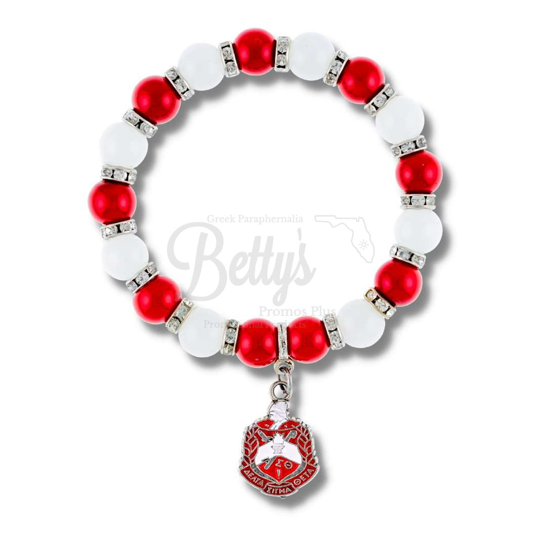 Delta Sigma Theta ΔΣΘ Red and White Beaded Bracelet with Shield CharmRed-Betty's Promos Plus Greek Paraphernalia