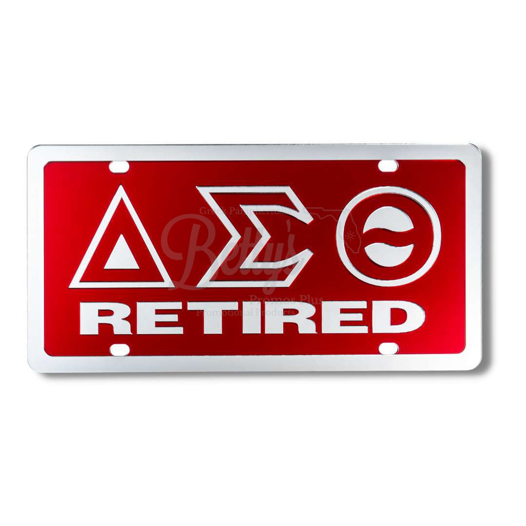 Delta Sigma Theta ΔΣΘ Retired Acrylic Mirror Laser Engraved Auto Tag License PlateRed Background-Silver Trim-Betty's Promos Plus Greek Paraphernalia