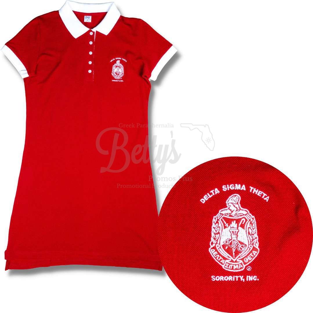 Delta Sigma Theta ΔΣΘ Shield Embroidered Polo Dress with Contrast Collar and SleevesRed-X-Small-Betty's Promos Plus Greek Paraphernalia