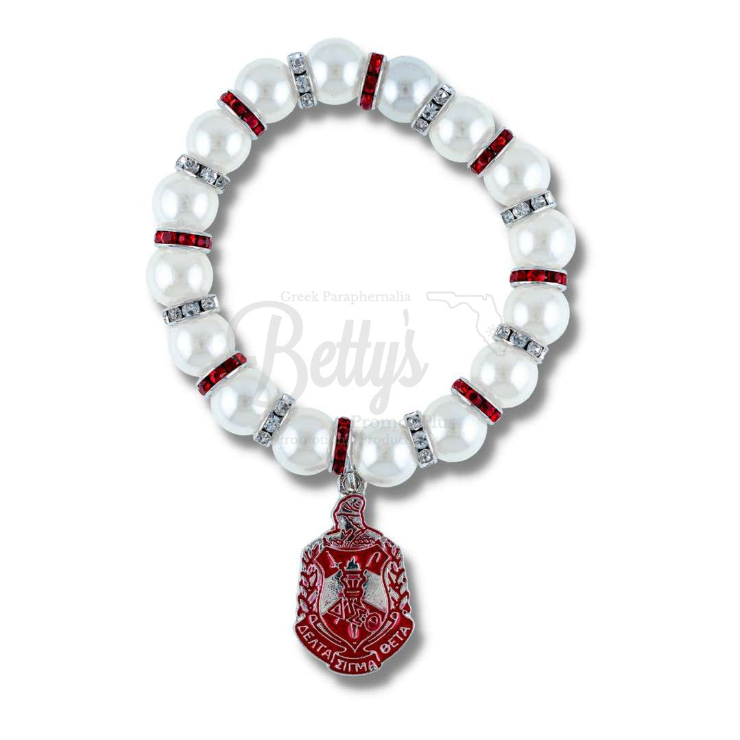 Delta Sigma Theta ΔΣΘ Shield Pearl Bracelet with Rhinestone SpacersWhite-Betty's Promos Plus Greek Paraphernalia