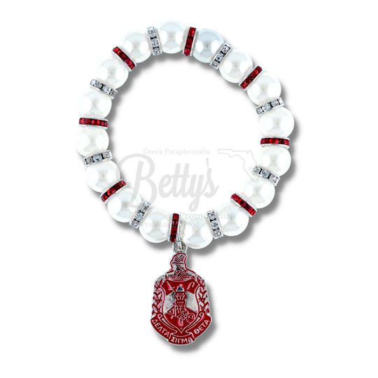 Delta Sigma Theta ΔΣΘ Shield Pearl Bracelet with Rhinestone SpacersWhite-Betty's Promos Plus Greek Paraphernalia