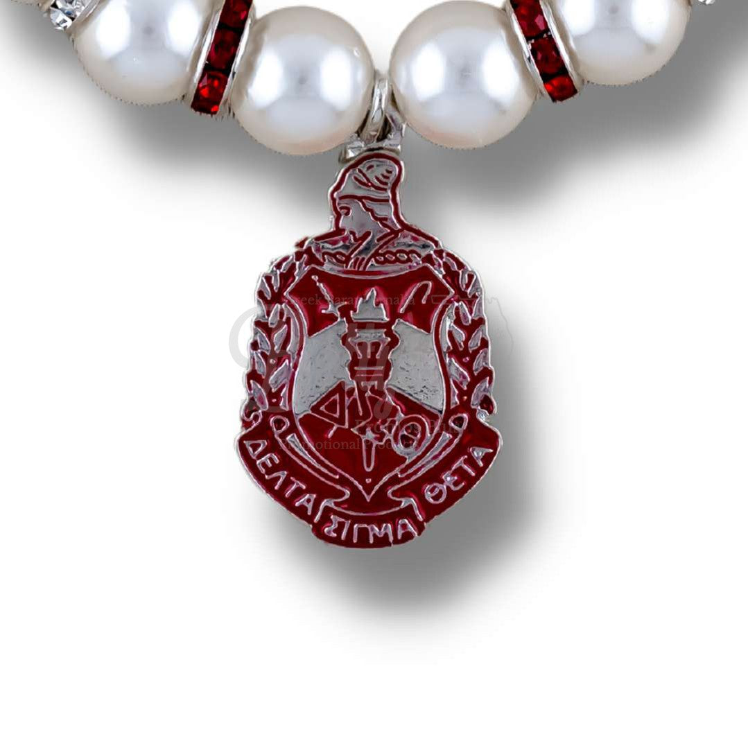 Delta Sigma Theta ΔΣΘ Shield Pearl Necklace with Rhinestone SpacersWhite-Betty's Promos Plus Greek Paraphernalia