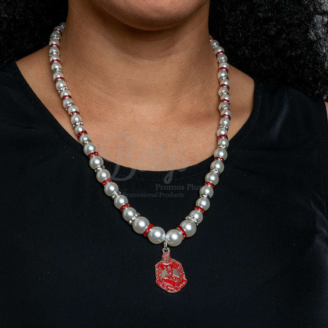 Delta Sigma Theta ΔΣΘ Shield Pearl Necklace with Rhinestone SpacersWhite-Betty's Promos Plus Greek Paraphernalia