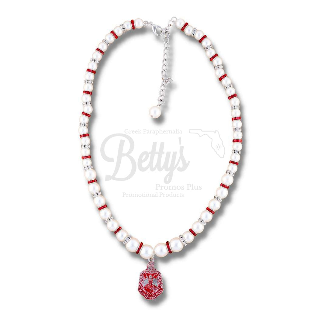 Delta Sigma Theta ΔΣΘ Shield Pearl Necklace with Rhinestone SpacersWhite-Betty's Promos Plus Greek Paraphernalia