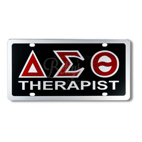 Delta Sigma Theta ΔΣΘ Therapist Acrylic Mirror Laser Engraved Auto Tag License PlateBlack Background-Silver Trim-Betty's Promos Plus Greek Paraphernalia