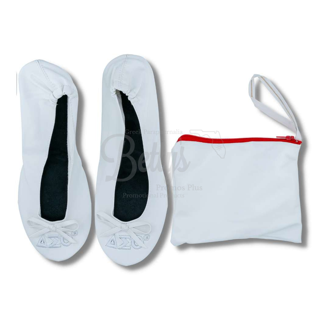 Delta Sigma Theta ΔΣΘ Uninterrupted White Embroidered Ballet Flats with Carrying CaseWhite-X-Small US 5.5-Betty's Promos Plus Greek Paraphernalia