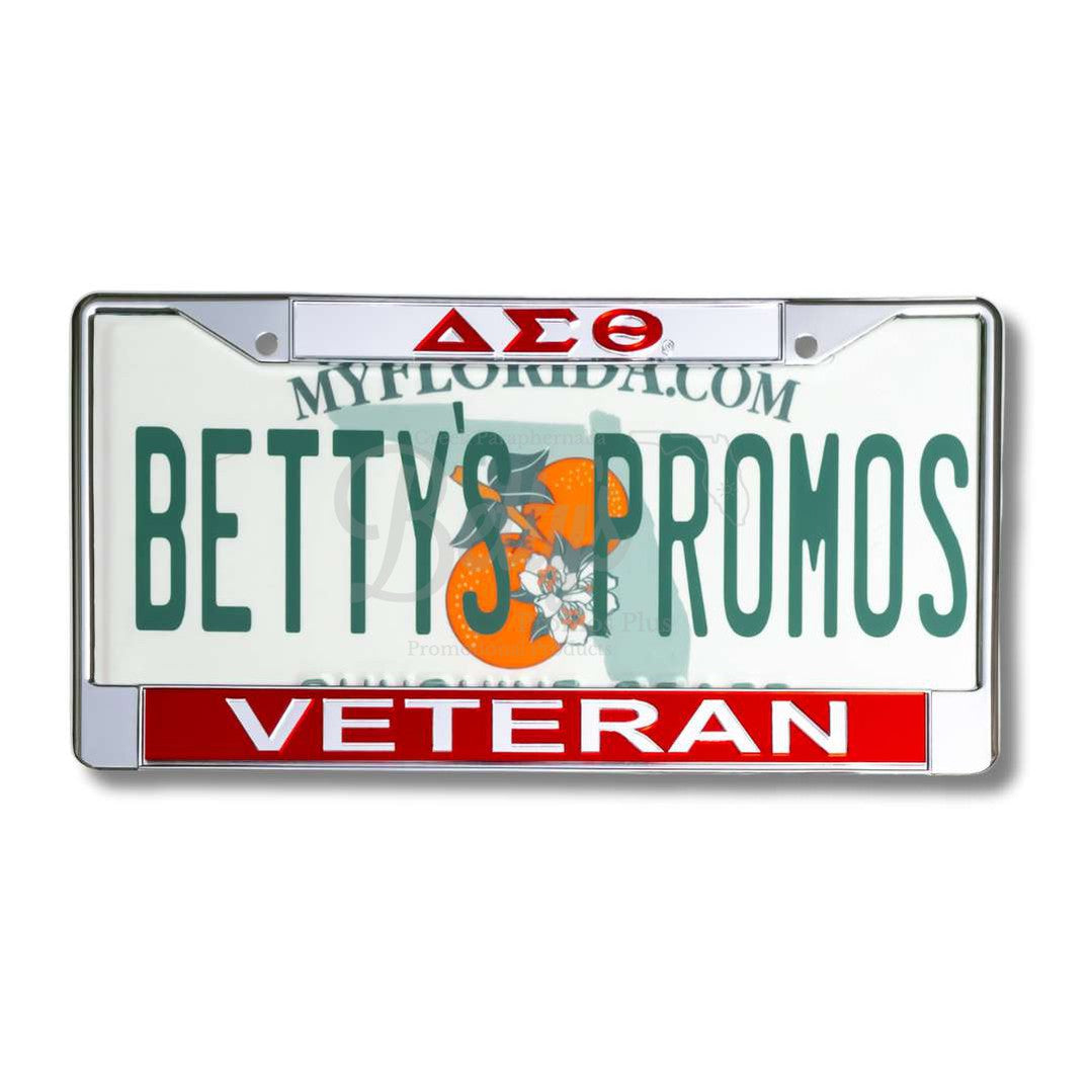 Delta Sigma Theta ΔΣΘ Veteran Chrome Laser Engraved Mirrored Acrylic Auto Tag License Plate FrameSilver Top-Red Bottom-Betty's Promos Plus Greek Paraphernalia