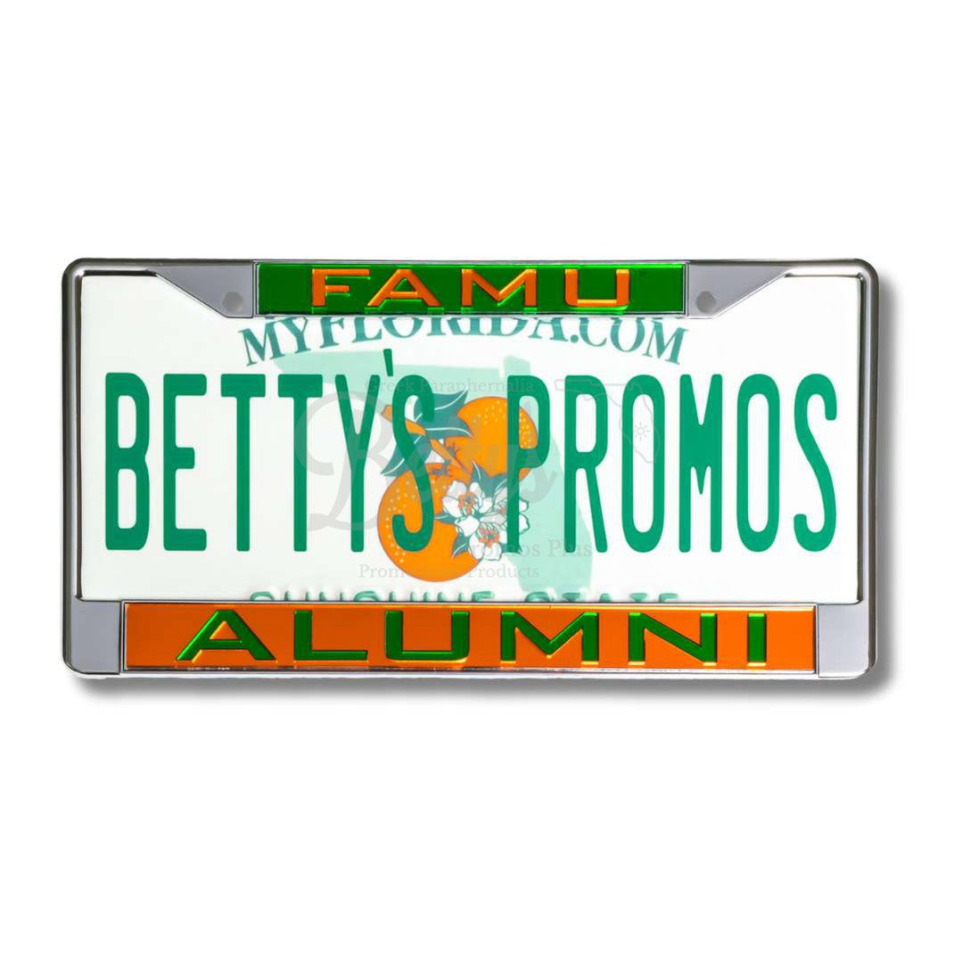 Florida A&M University FAMU Alumni Laser Engraved Auto Tag FrameGreen Top-Orange Bottom-Betty's Promos Plus Greek Paraphernalia