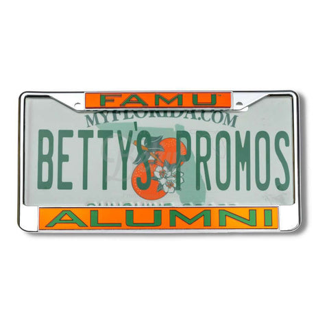 Florida A&M University FAMU Alumni Laser Engraved Auto Tag FrameOrange Background-Betty's Promos Plus Greek Paraphernalia