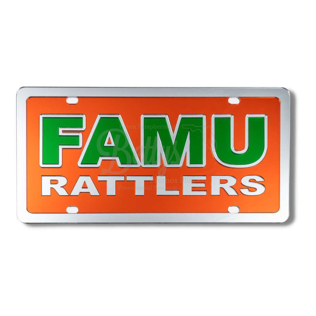 Florida A&M University FAMU Rattlers Laser Engraved Auto TagOrange Background-Betty's Promos Plus Greek Paraphernalia