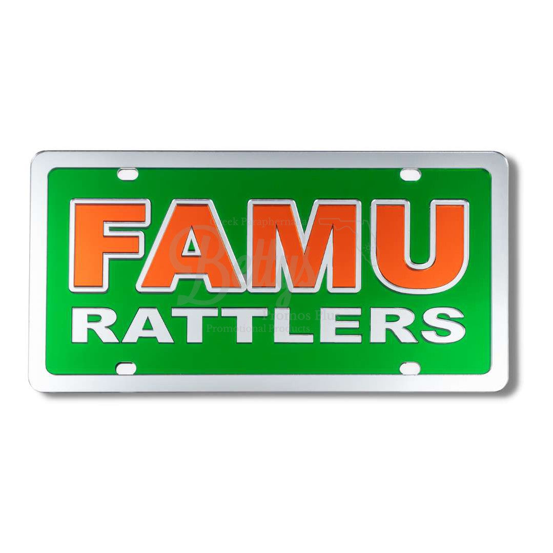 Florida A&M University FAMU Rattlers Laser Engraved Auto TagGreen Background-Betty's Promos Plus Greek Paraphernalia