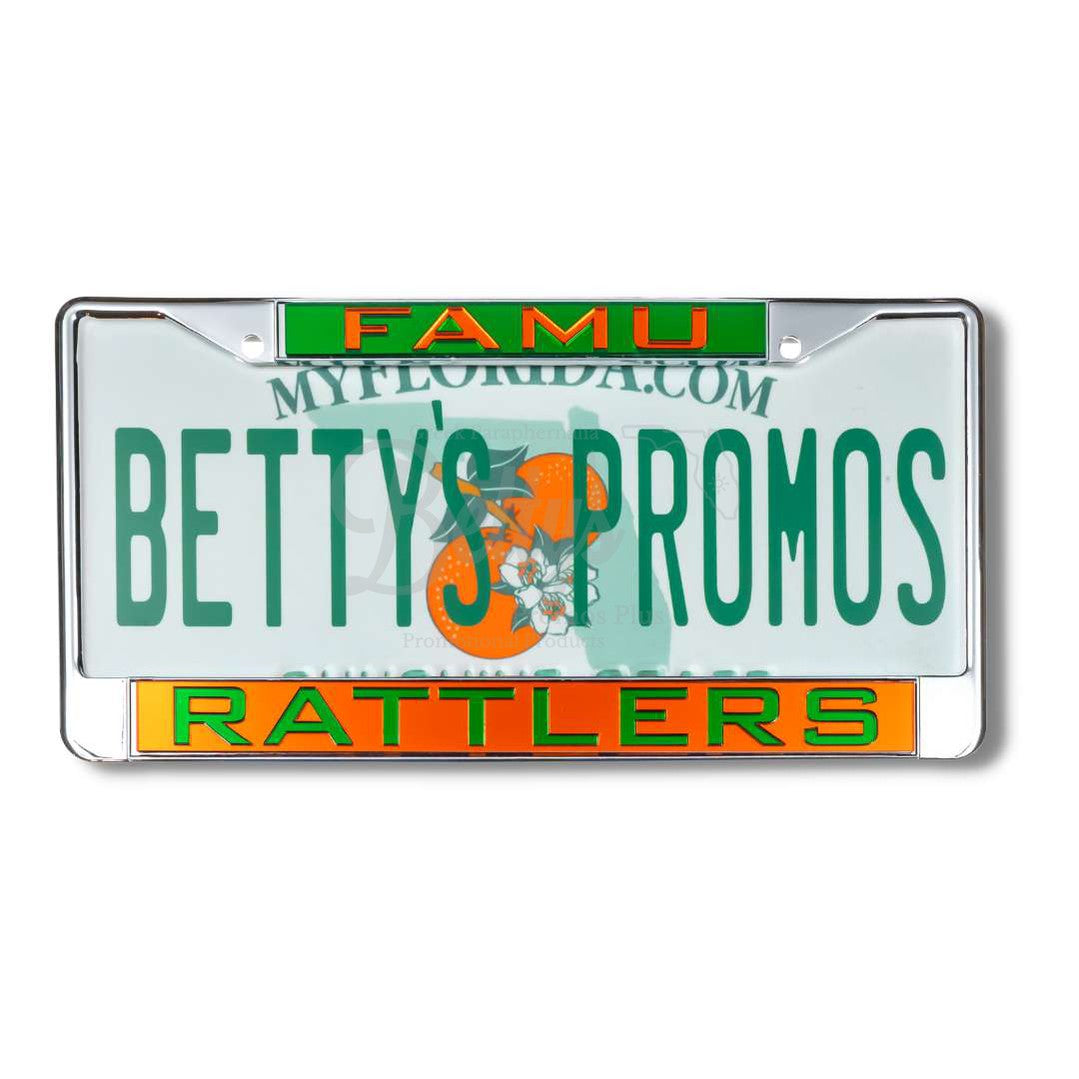 Florida A&M University FAMU Rattlers Laser Engraved Auto Tag FrameOrange Background-Betty's Promos Plus Greek Paraphernalia