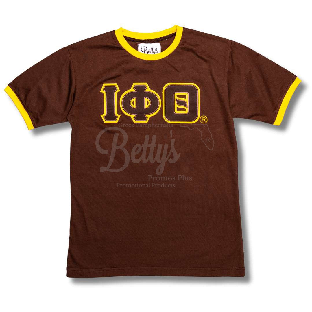 Iota Phi Theta ΙΦΘ Double Stitched Embroidered Ringer T-ShirtBrown-Small-Betty's Promos Plus Greek Paraphernalia