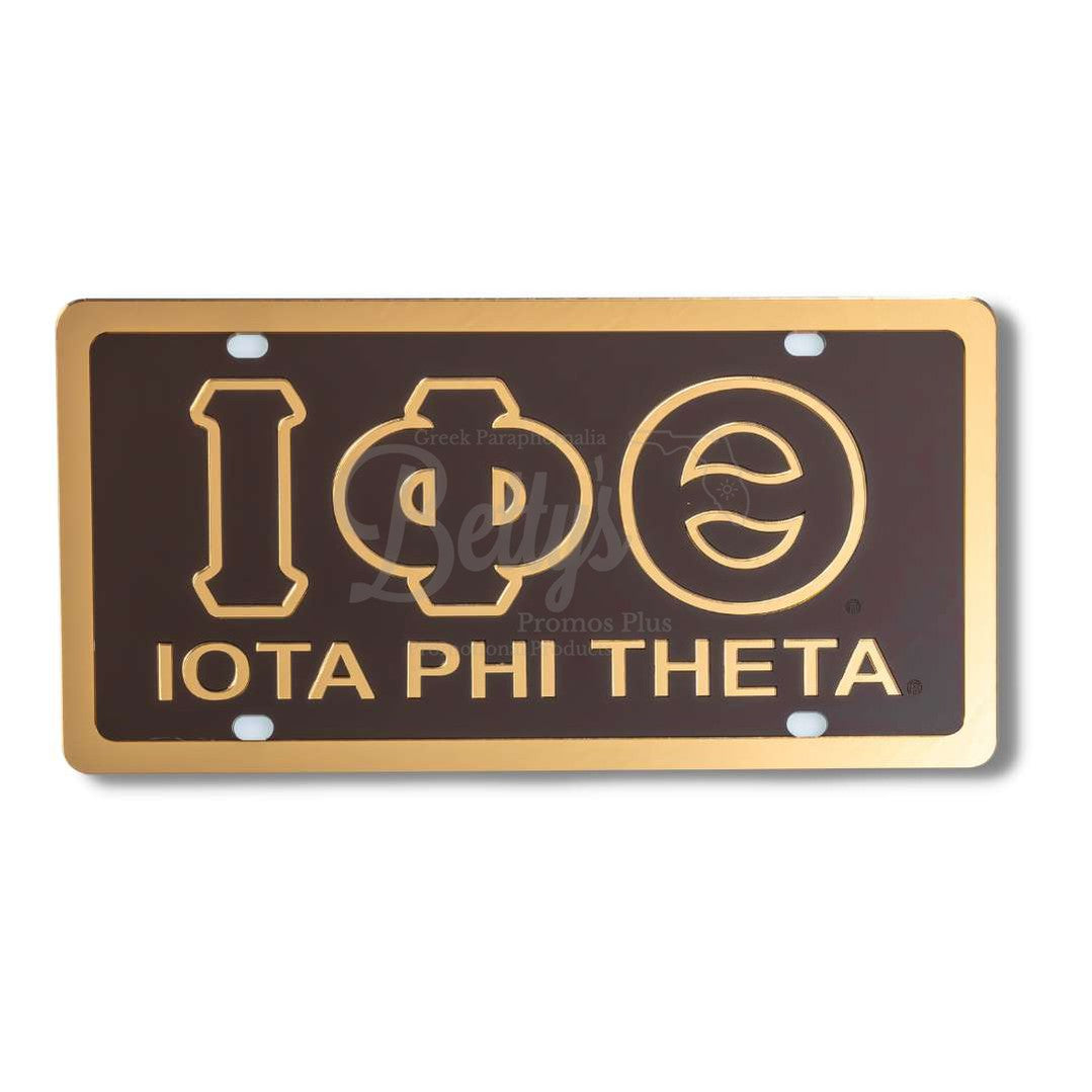 Iota Phi Theta ΙΦΘ Letters with Iota Phi Theta Laser Engraved Mirrored Acrylic Auto Tag License PlateBrown Background-Gold Trim-Betty's Promos Plus Greek Paraphernalia