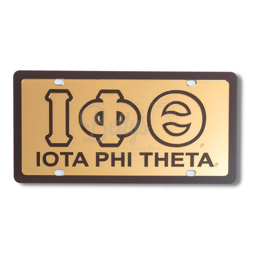 Iota Phi Theta ΙΦΘ Letters with Iota Phi Theta Laser Engraved Mirrored Acrylic Auto Tag License PlateGold Background-Brown Trim-Betty's Promos Plus Greek Paraphernalia