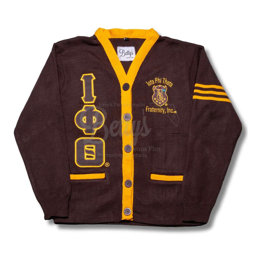 Iota Phi Theta ΙΦΘ Cardigan Sweater with Double Stitched Twill Embroidered Letters & ΙΦΘ ShieldBrown-Gold Trim-Small-Betty's Promos Plus Greek Paraphernalia