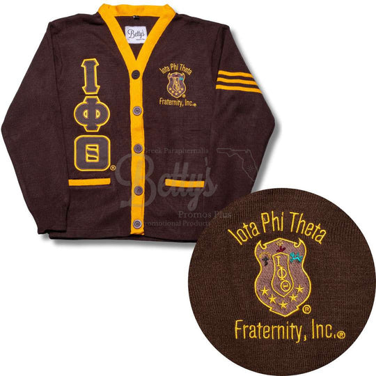 Iota Phi Theta ΙΦΘ Cardigan Sweater with Double Stitched Twill Embroidered Letters & ΙΦΘ Shield-Betty's Promos Plus Greek Paraphernalia