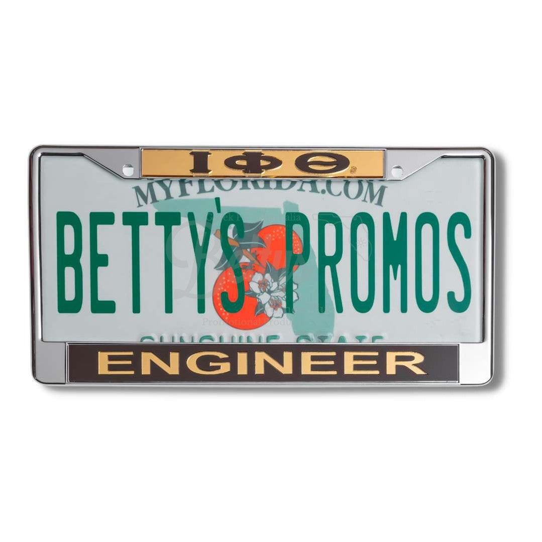 Iota Phi Theta ΙΦθ Engineer Acrylic Laser Engraved Auto Tag Car License Plate FrameGold Top-Brown Bottom-Betty's Promos Plus Greek Paraphernalia