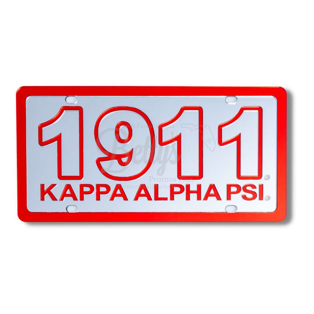 Kappa Alpha Psi ΚΑΨ 1911 with Kappa Alpha Psi Acrylic Mirrored Laser Engraved Auto Tag License PlateSilver Background-Red Trim-Betty's Promos Plus Greek Paraphernalia
