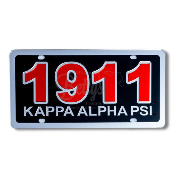 Kappa Alpha Psi ΚΑΨ 1911 with Kappa Alpha Psi Acrylic Mirrored Laser Engraved Auto Tag License PlateBlack Background-Silver Trim-Betty's Promos Plus Greek Paraphernalia