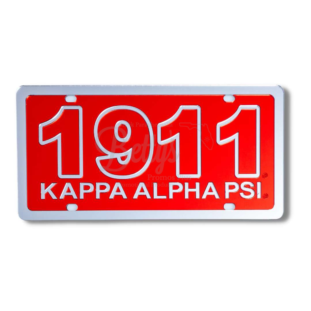 Kappa Alpha Psi ΚΑΨ 1911 with Kappa Alpha Psi Laser Engraved Mirrored Acrylic Auto Tag License PlateRed Background-Silver Trim-Betty's Promos Plus Greek Paraphernalia