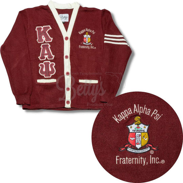 Kappa Alpha Psi ΚΑΨ Cardigan Sweater with Double Stitched Twill Embroidered Letters & ΚΑΨ ShieldCrimson-Cream Trim-Small-Betty's Promos Plus Greek Paraphernalia