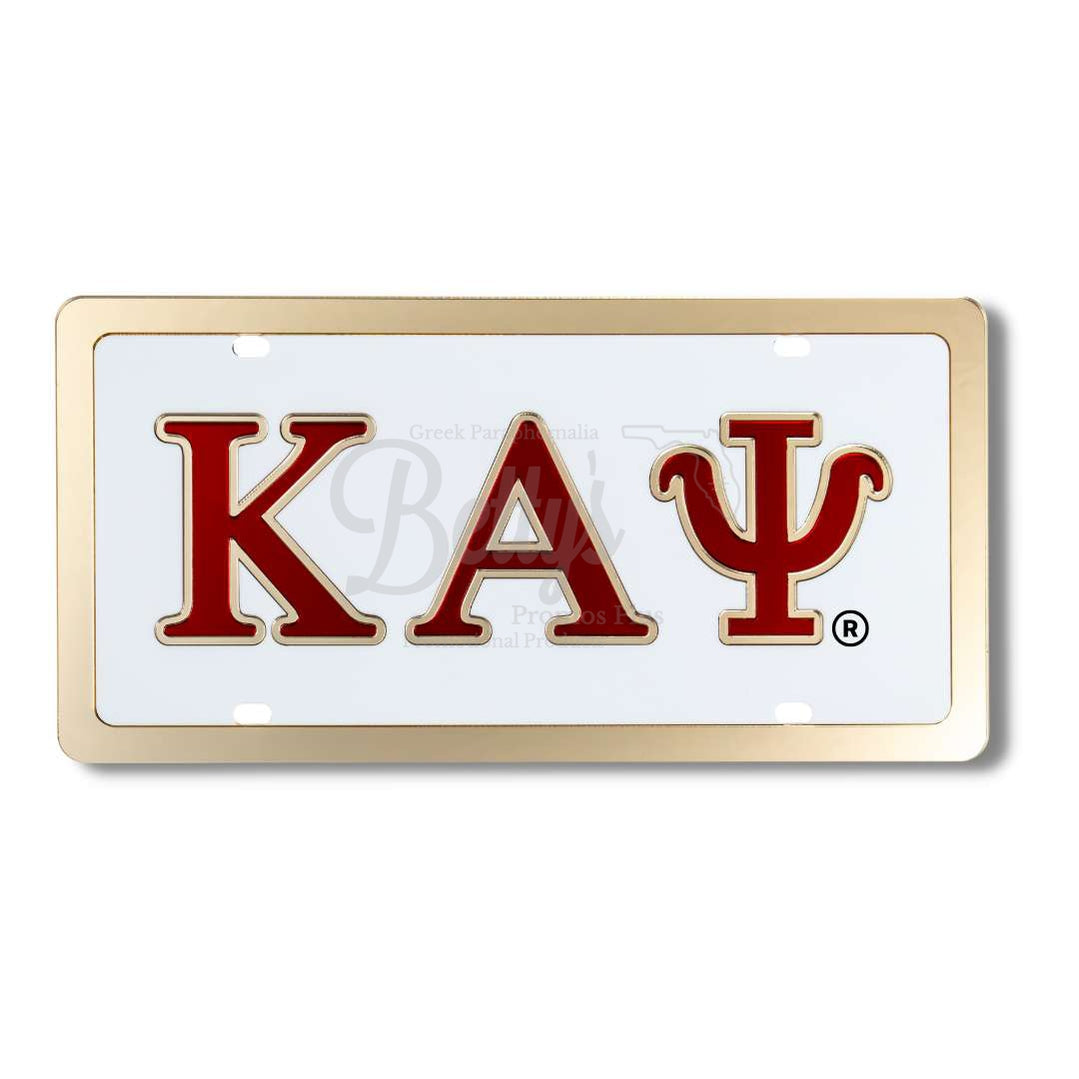 Kappa Alpha Psi ΚΑΨ Laser Engraved Mirrored Acrylic Auto Tag License PlateWhite Background-Gold Letter Trim-Gold Trim-Betty's Promos Plus Greek Paraphernalia