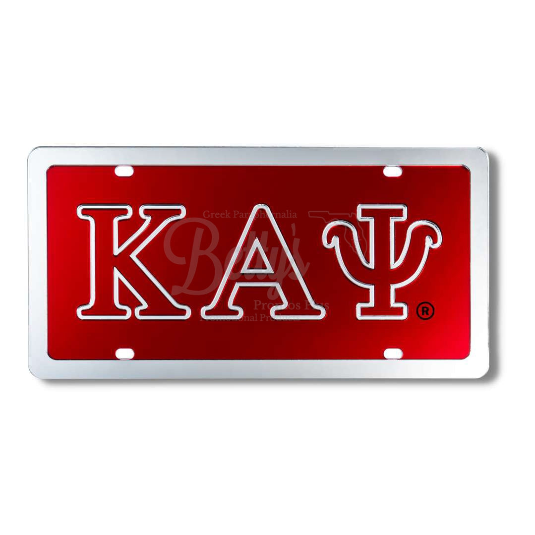 Kappa Alpha Psi ΚΑΨ Laser Engraved Mirrored Acrylic Auto Tag License PlateRed Background-Silver Letter Trim-Silver Trim-Betty's Promos Plus Greek Paraphernalia