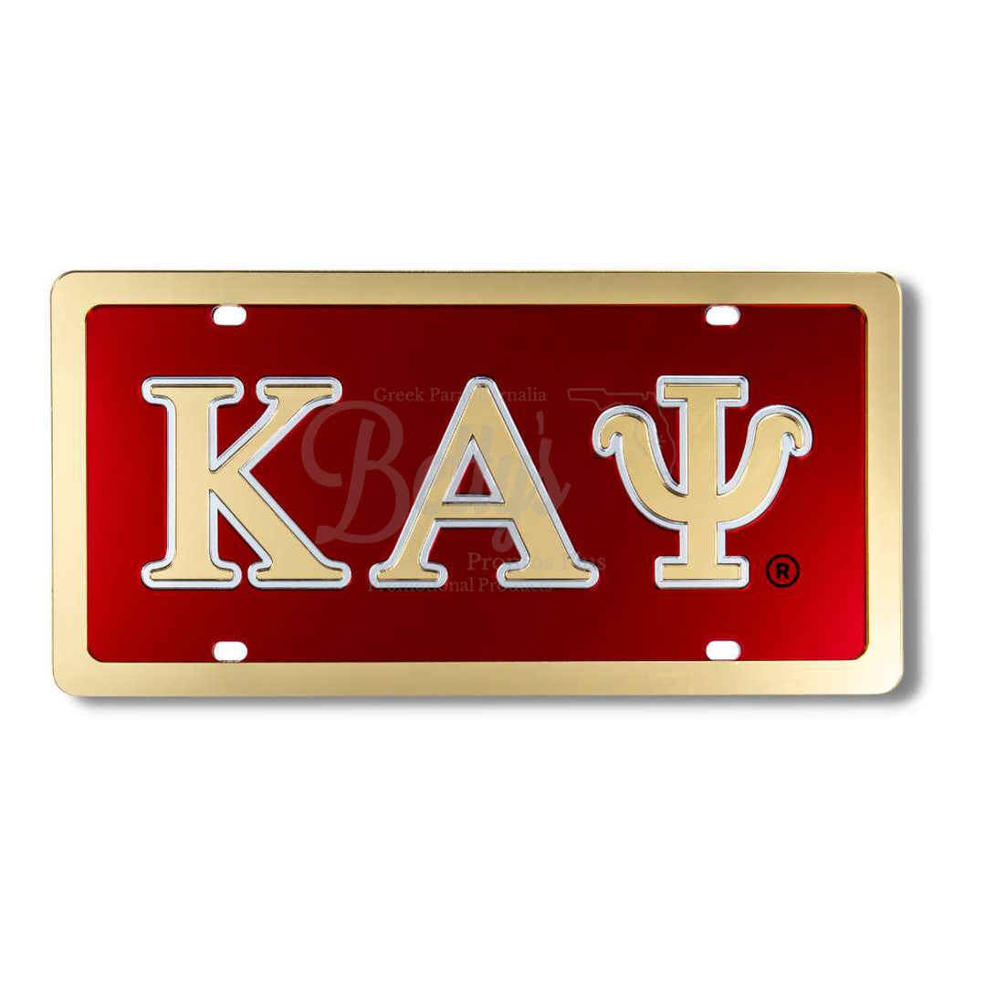 Kappa Alpha Psi ΚΑΨ Laser Engraved Mirrored Acrylic Auto Tag License PlateRed Background-Silver Letter Trim-Gold Trim-Betty's Promos Plus Greek Paraphernalia