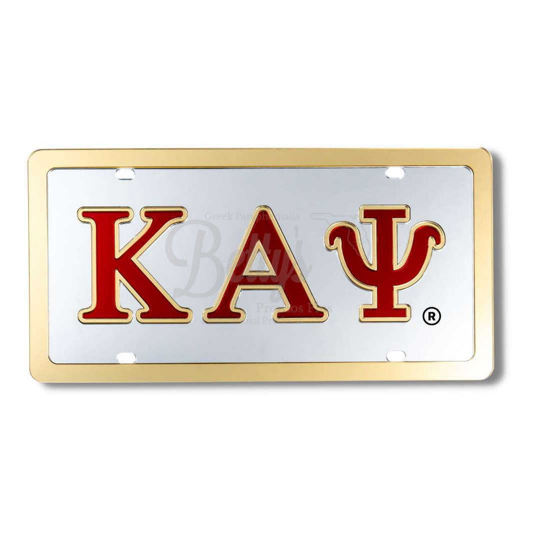 Kappa Alpha Psi ΚΑΨ Laser Engraved Mirrored Acrylic Auto Tag License PlateSilver Background-Gold Letter Trim-Gold Trim-Betty's Promos Plus Greek Paraphernalia