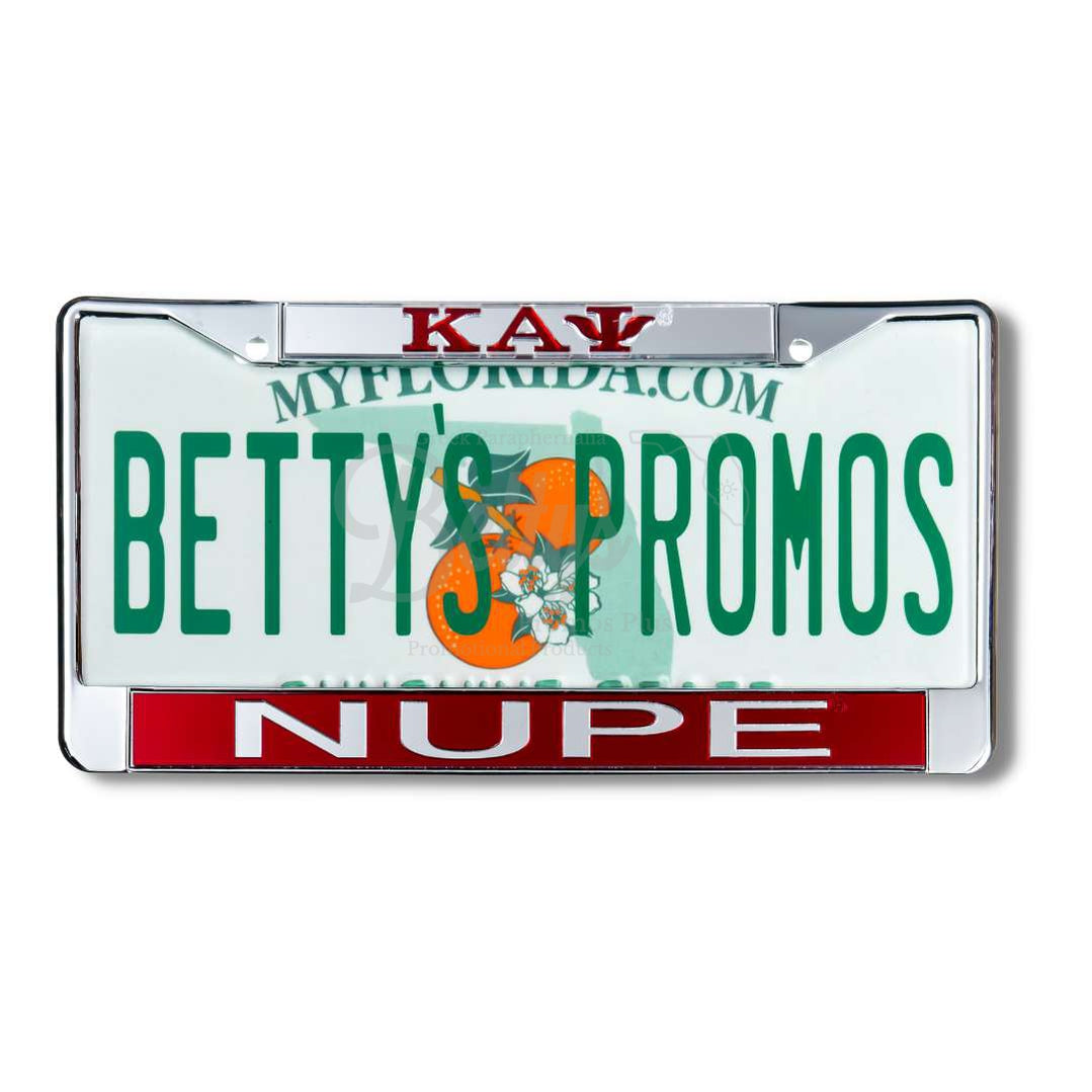 Kappa Alpha Psi ΚΑΨ Nupe Chrome Laser Engraved Mirrored Acrylic Auto Tag License Plate FrameSilver Top-Red Bottom-Betty's Promos Plus Greek Paraphernalia