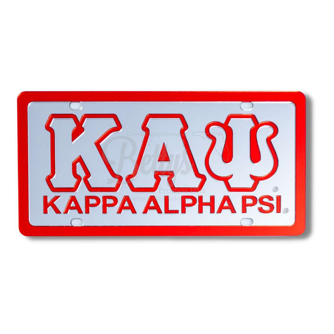 Kappa Alpha Psi ΚΑΨ with Kappa Alpha Psi Acrylic Mirrored Laser Engraved Auto Tag License PlateSilver Background-Red Trim-Betty's Promos Plus Greek Paraphernalia