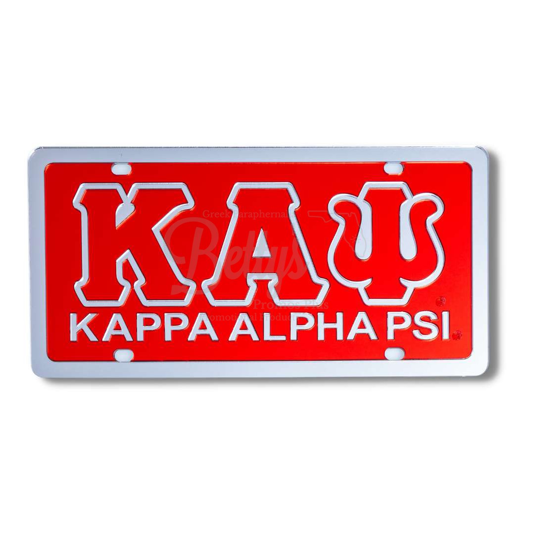 Kappa Alpha Psi ΚΑΨ with Kappa Alpha Psi Laser Engraved Mirrored Acrylic Auto Tag License PlateRed Background-Silver Trim-Betty's Promos Plus Greek Paraphernalia