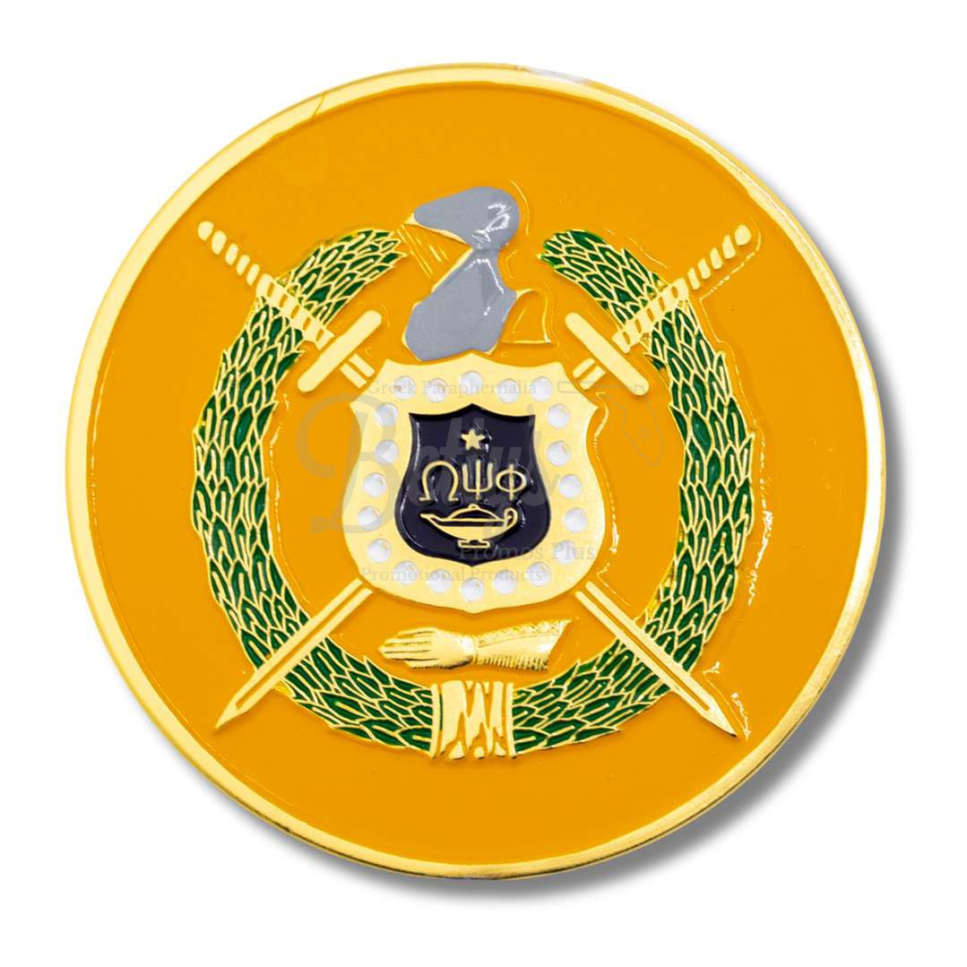 Omega Psi Phi Circular ΩΨΦ Shield Crest Auto Car Decal StickerGold-Betty's Promos Plus Greek Paraphernalia